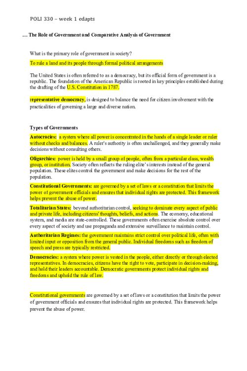 POLI 330N Week 1 Edapt; Constitutionalism and Foundations of American Democracy Constitution
