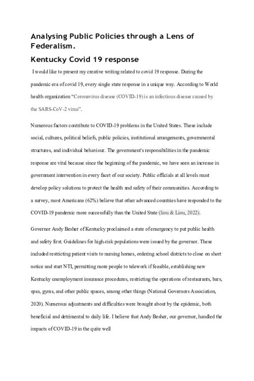 POLI 330N Week 2 Creative Writing Assignment; Analyzing Public Policy Through a Lens of Federalism - COVID-19