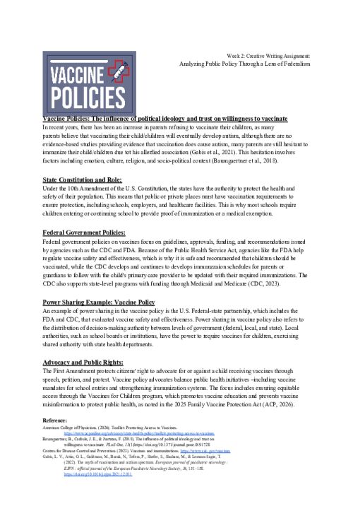 POLI 330N Week 2 Creative Writing Assignment; Analyzing Public Policy Through a Lens of Federalism - Vaccine Policies