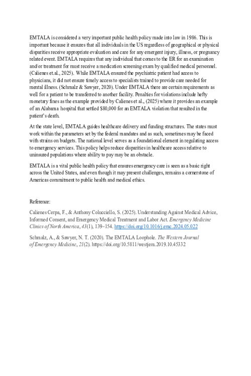 POLI 330N Week 4 Discussion; Emergency Medical Treatment Policy Emtala