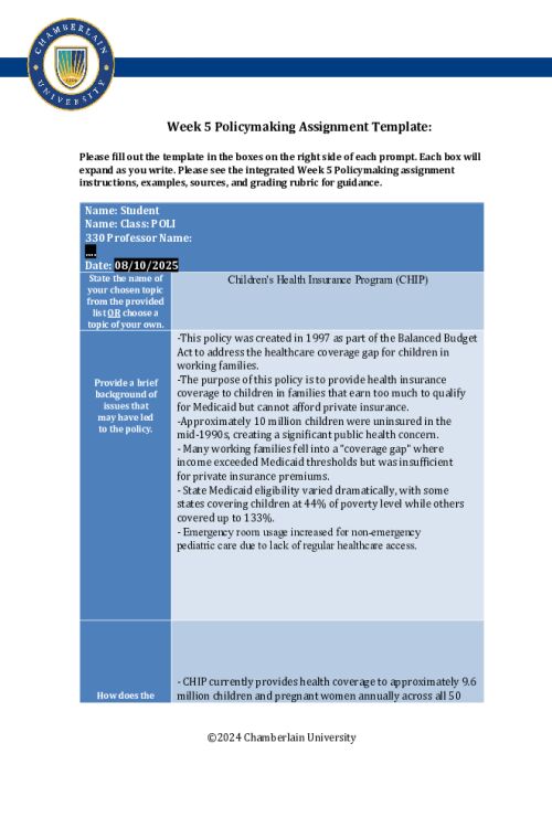 POLI 330N Week 5 Policymaking Charting Assignment - Part I; Children s Health Insurance Program (CHIP)