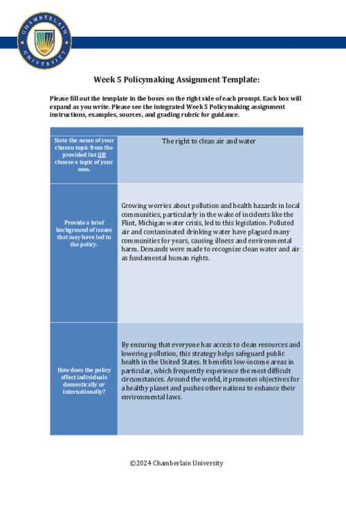 POLI 330N Week 5 Policymaking Charting Assignment - Part I; Clean Air & Water Rights