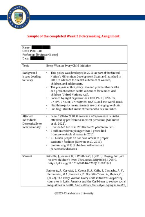 POLI 330N Week 5 Policymaking Charting Assignment Part I; Every Woman Every Child Initiative
