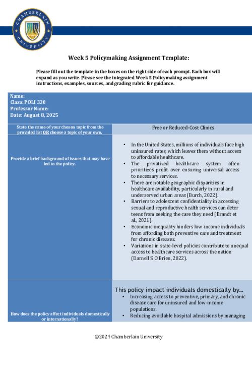 POLI 330N Week 5 Policymaking Charting Assignment - Part I; Free or reduced-cost clinics