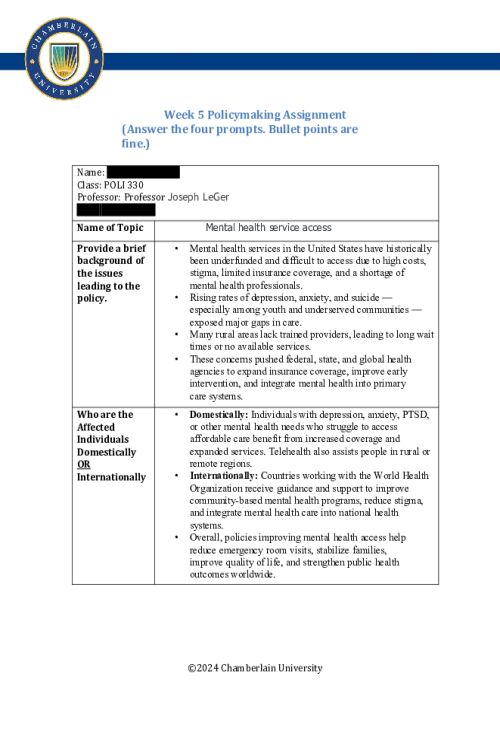 POLI 330N Week 5 Policymaking Charting Assignment Part I; Mental health service access