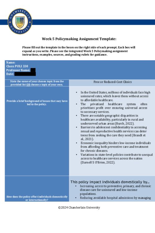 POLI 330N Week 5 Policymaking Charting Assignment - Part I; Template and Guidance