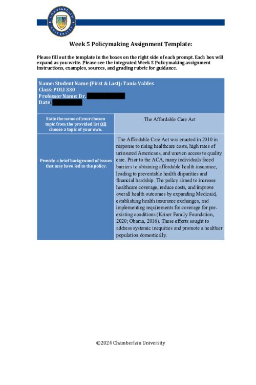POLI 330N Week 5 Policymaking Charting Assignment - Part I; The Affordable Care Act