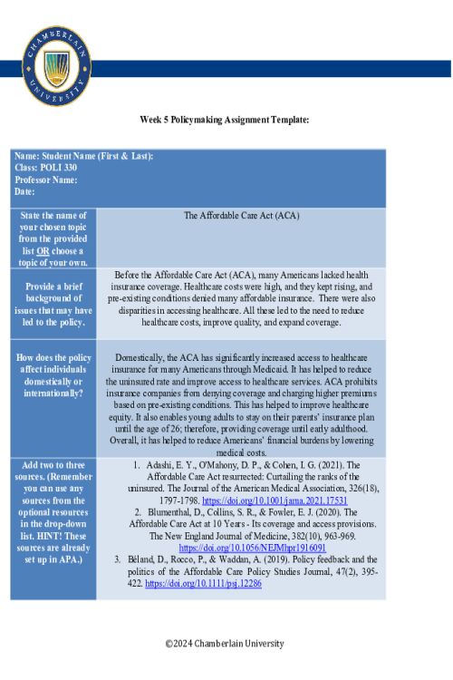 POLI 330N Week 5 Policymaking Charting Assignment - Part I; The Affordable Care Act.