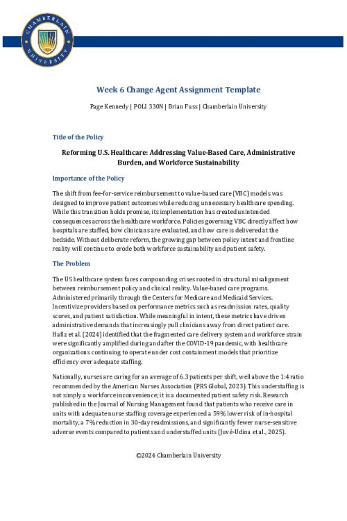 POLI 330N Week 6 Change Agent Assignment Part II; Reforming U.S. Healthcare